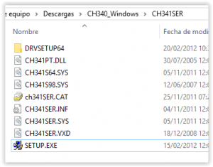Carpeta de instalación del driver CH340