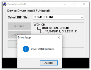 Instalación satisfactoria del driver CH340